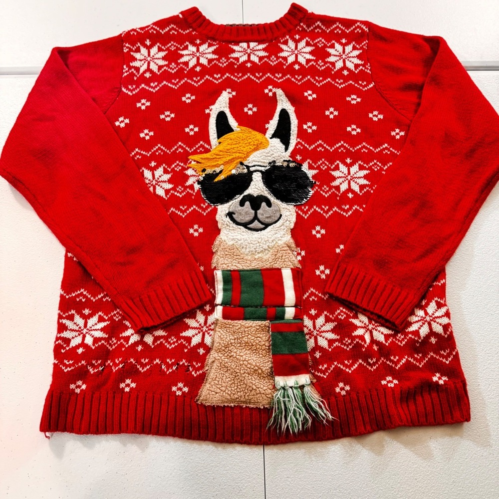 Holiday Time Llama Snowflake Ugly Christmas Sweater kid XL 14-16 Red Festive